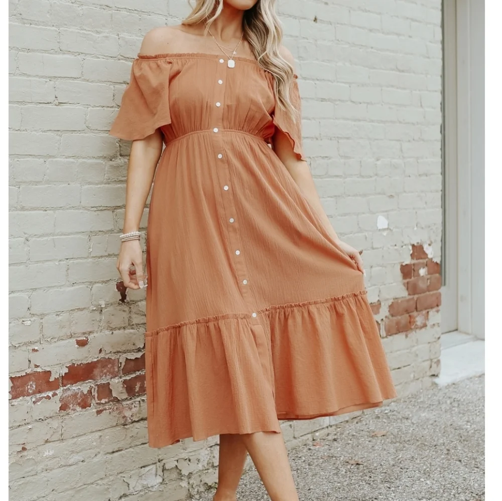 New! Off the shoulder button detail clay midi dress - Picture 1 of 10